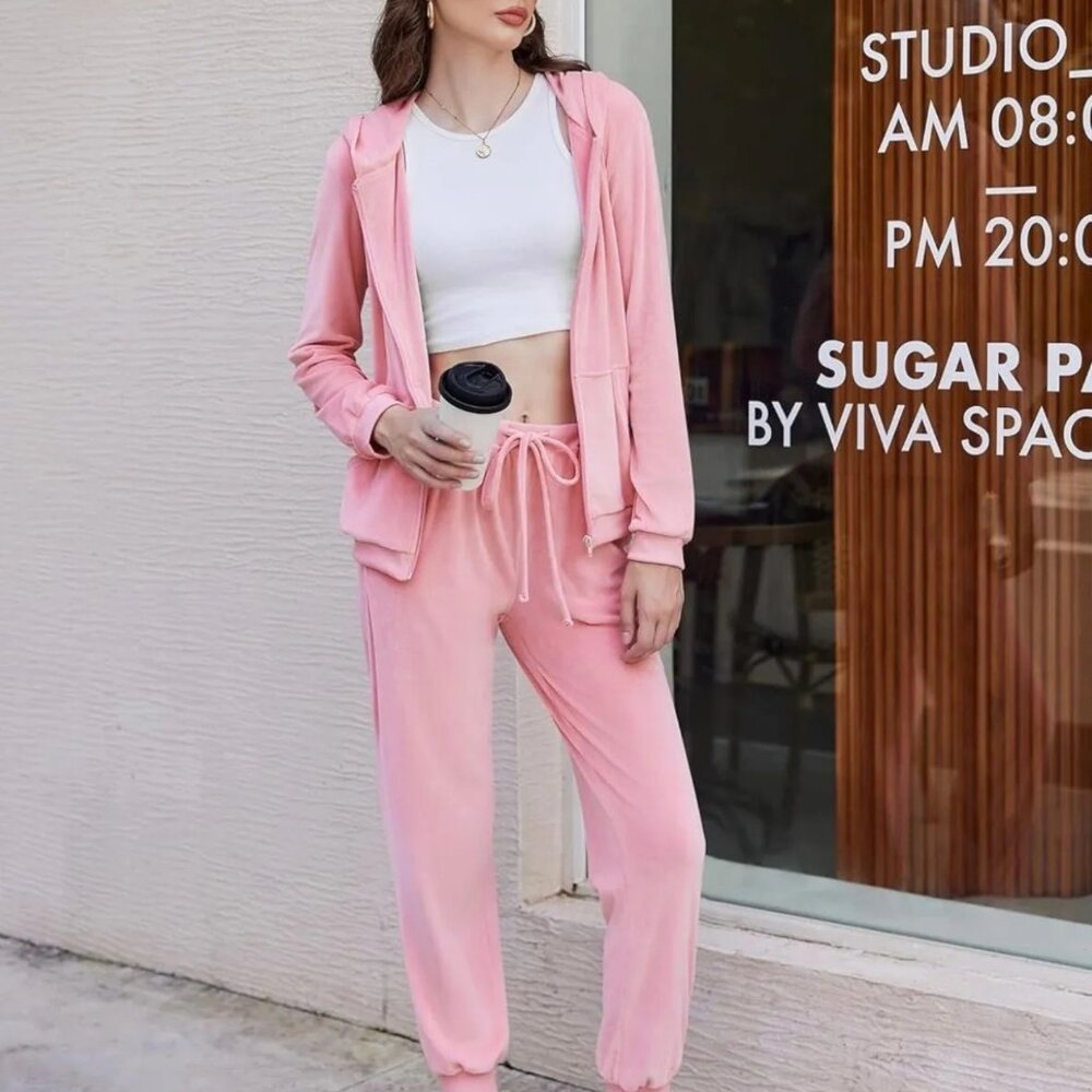 Pink Velour 2-Piece Hooded Sweatshirt & Joggers Sweatpants Set